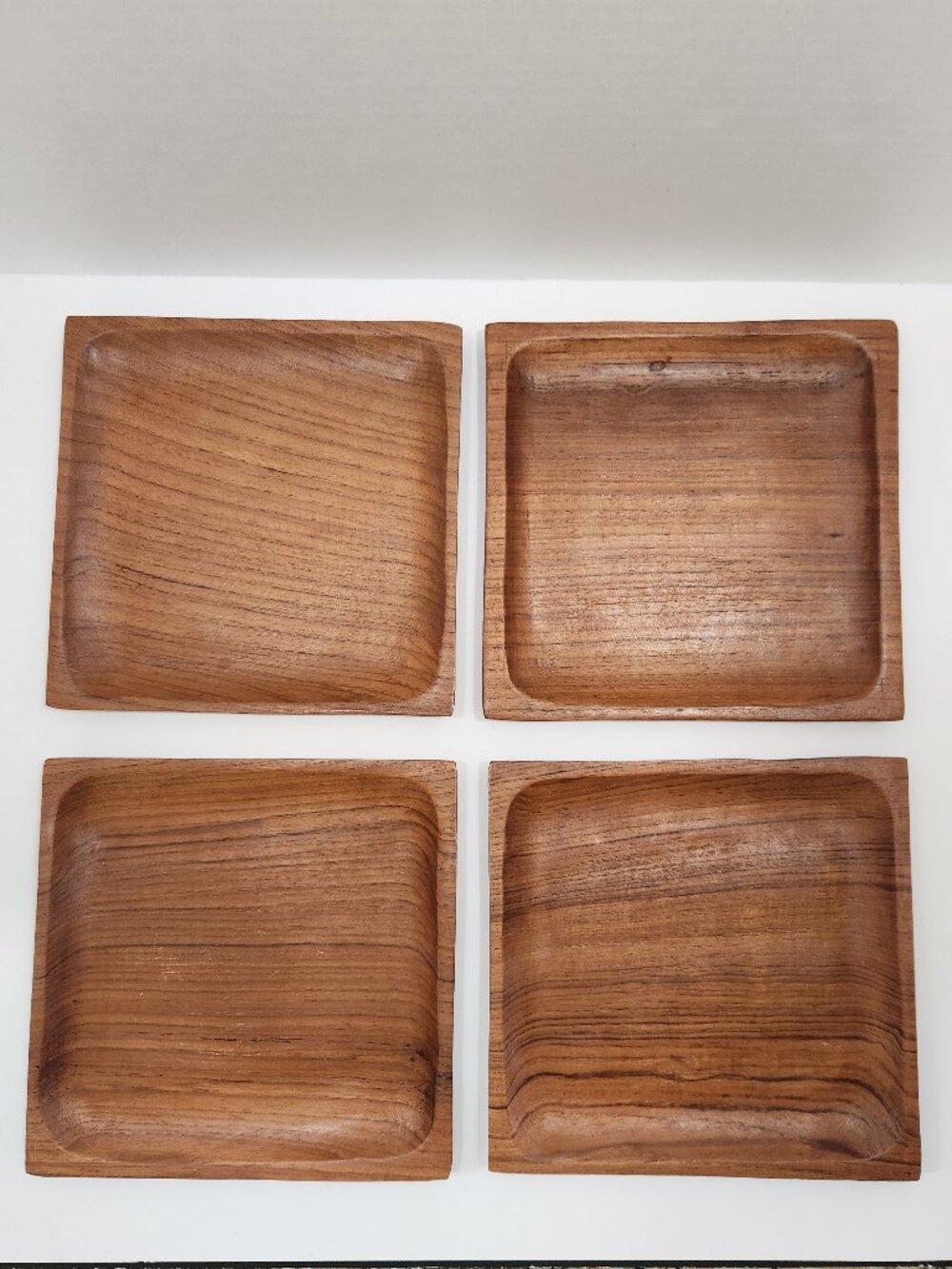 Gorgeous Vintage Handmade Square Teak Wood Plates 8" Set of 4